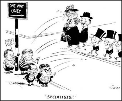 Vicky, cartoon showing Harold Wilson, Aneurin Bevan, Michael Foot, Ian Mikardo attacking Herbert Morrison, Clement Attlee and Hugh Gaitskell (July, 1951)